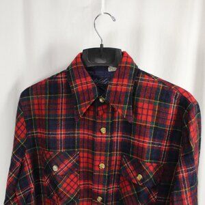 Vintage 70s Mens Plaid Wool Shirt with Pointed Collars